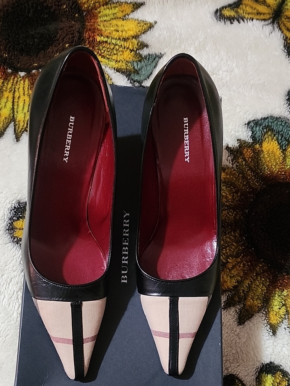 Burberry Black Leather & Beige Check Pointed Pumps with Red Interior